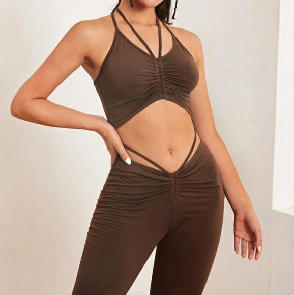 None Tops - 🤎🤎Brown Halter Top & Ruched Flare Pants Set🤎🤎